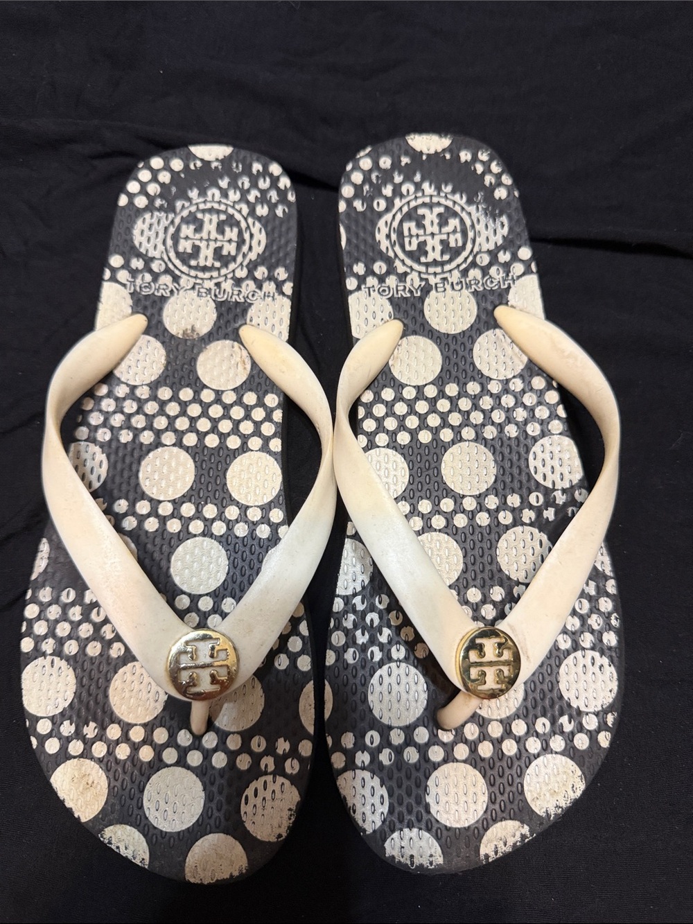 Tory Burch Black & White Polka Dot Logo Flip Flops - Picture 2 of 8